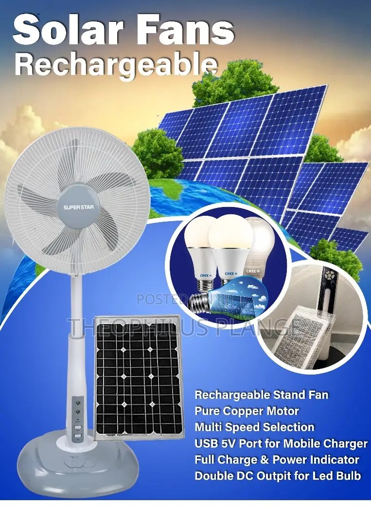 Solar Rechargeable Fan With Extra Bulbs and Remote Control